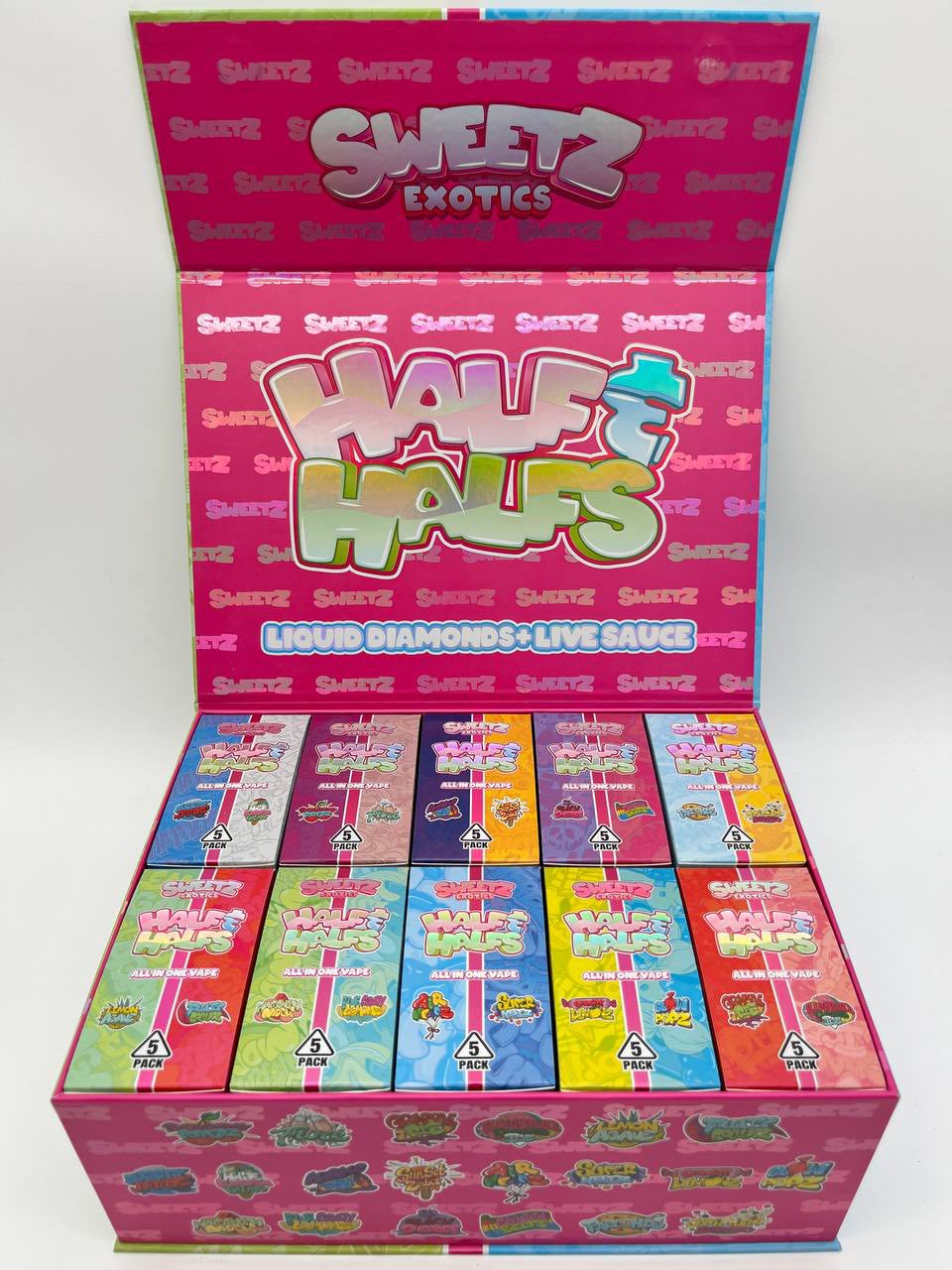 SWEETZ EXOTICS HALF AND HALFS DISPOSABLE SWEETZ EXOTICS Half and Halfs Disposable, a premium fusion of two exotic flavors in one sleek device.